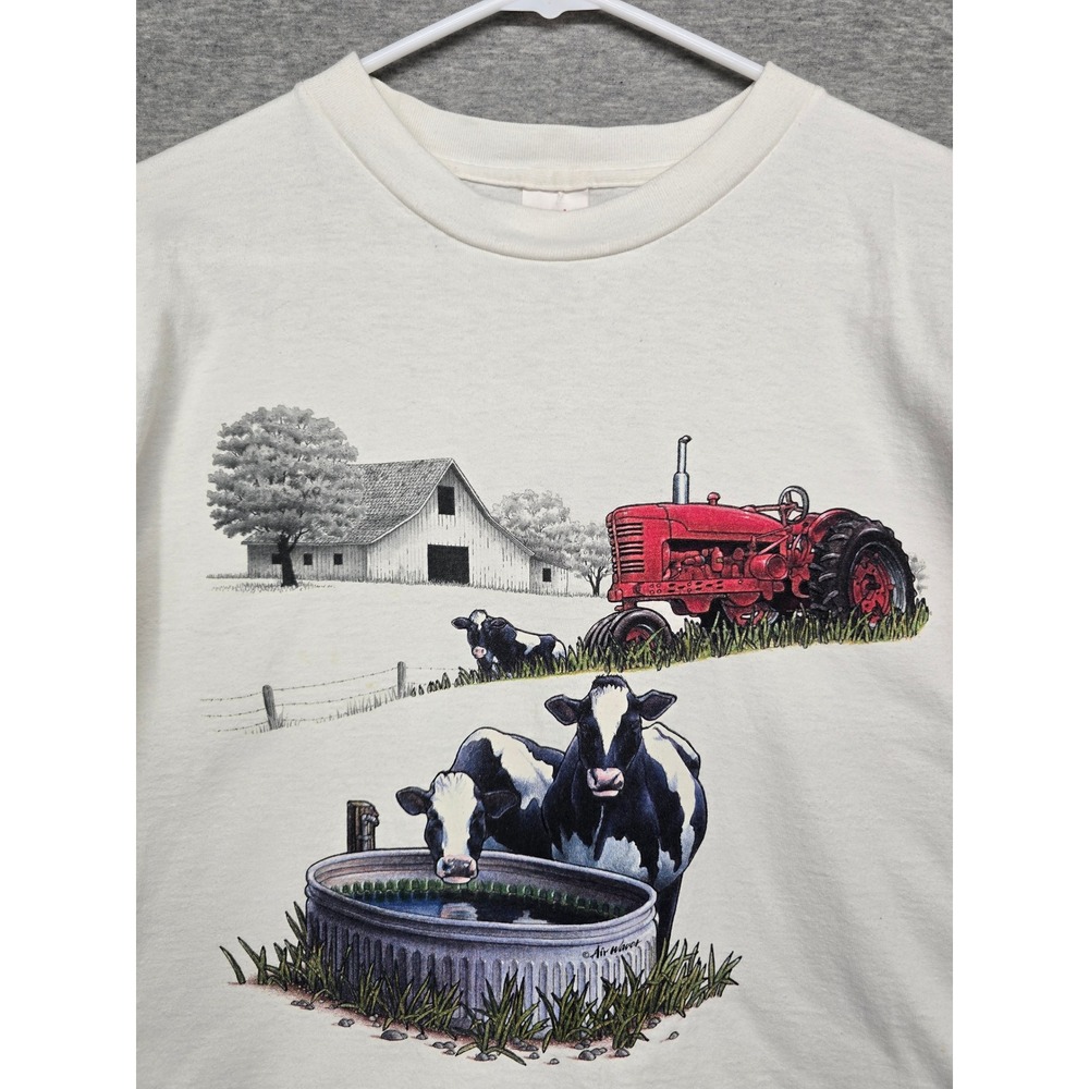 Vintage Air Waves Farm Scene Graphic T-Shirt Cows Red Tractor White Large